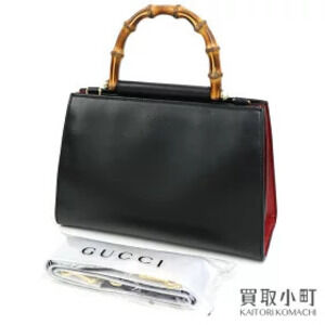 Gucci Leather Top Handle Bag Bamboo Black Red Tote Handbag Shoulder